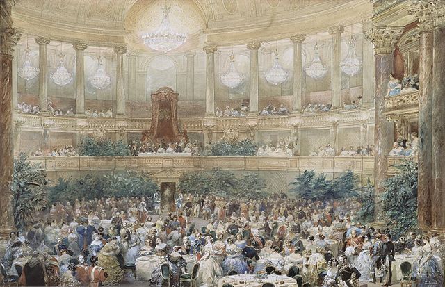 The Opera of Versailles when Queen Victoria visited in 1855, as painted by Eugène Lami. 
